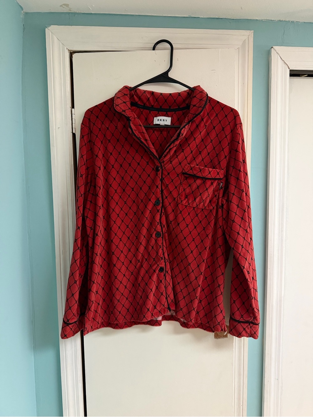 DKNY Red Button-Front Pajama Set with Black Diamond Print